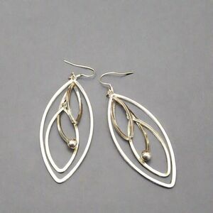 Silver and Gold Tone Layered Marquise Dangle Earrings Modern Statement